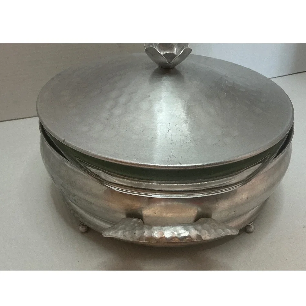 Vintage Hammered Aluminum Casserole Dish with Glass Insert Silver 9in